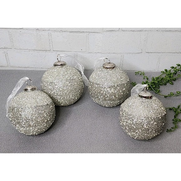 Silver Glitter Beads & Pearls Glass Ball Kugel Christmas Ornaments 4 Pc 5" - Picture 2 of 9